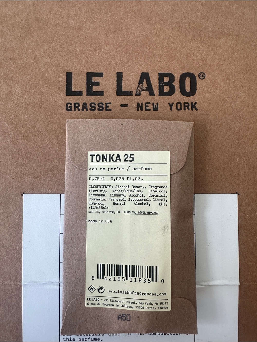 Le Labo Tonka 25 Small Kraft Sample with Cream Label